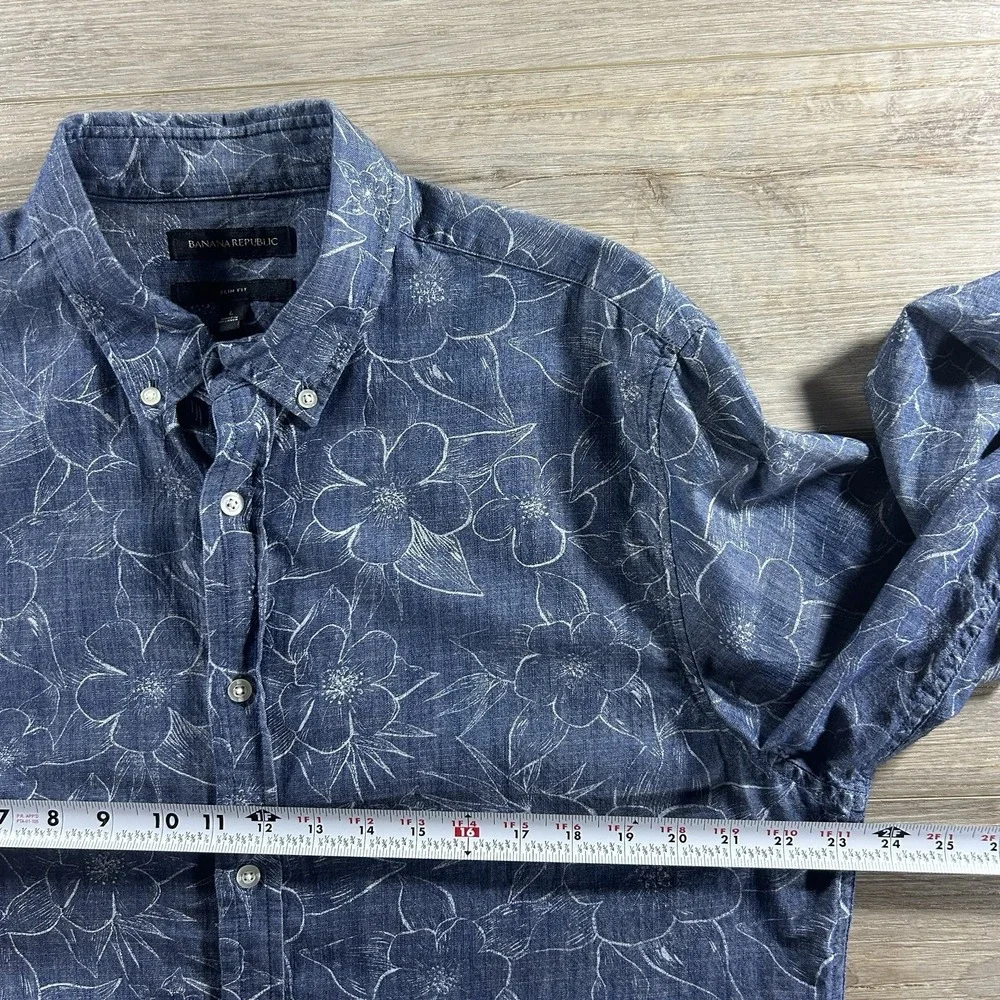 Banana Republic Mens Large Blue Cotton Floral Button Down Slim Fit Long Sleeve